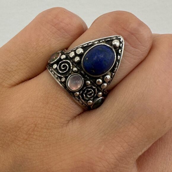 Vintage Sterling Silver 925 Moonstone & Lapis Unusual Intricate Ring Size 5.5 - Picture 2 of 14